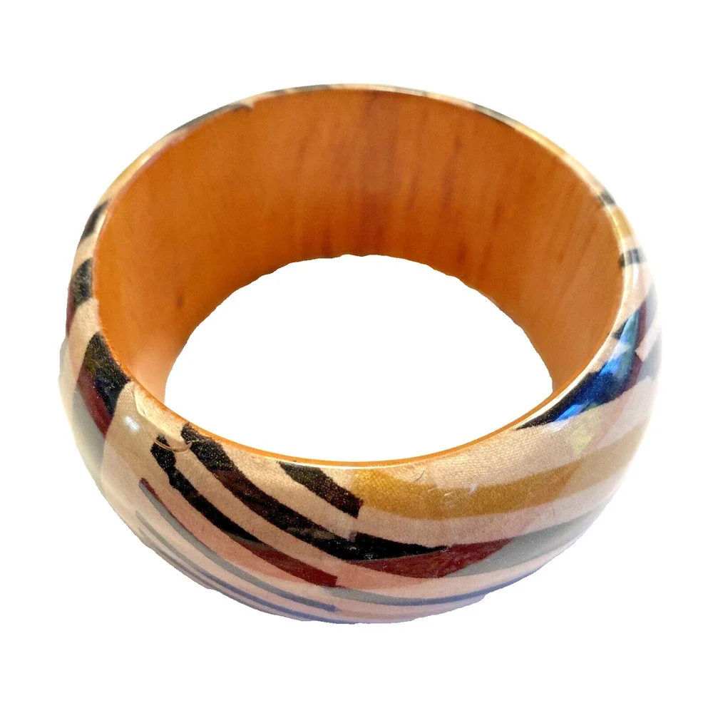 Wooden Bracelet Y2K Wide Domed Bangle Animal Print Tan Black Cream Wood Fashion